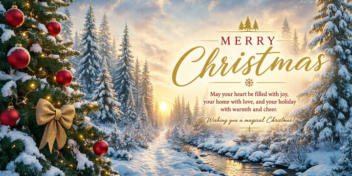 pine forest, festive decorations, and elegant holiday atmosphere. Perfect for marketing, advertising, websites, and social media. "Christmas", "Merry Christmas", "Happy New Year", "Vector", "Banner", 