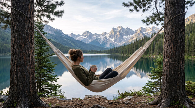 Personne se reposant dans un hamac face &agrave; un lac de montagne