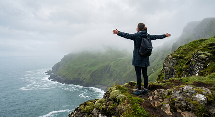 Obraz premium A hiker stands on a cliff edge with arms outstretched, overlooking the ocean and misty green mountains under an overcast sky.