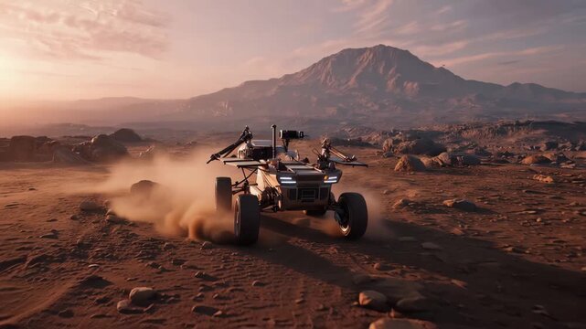 Modern autonomous rover moves across a rocky landscape at sunset near a mountain in a distant location