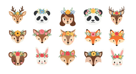 Fototapeta premium Adorable animal faces including deer, pandas, foxes, and rabbits wearing colorful flower crowns on a clean white background.