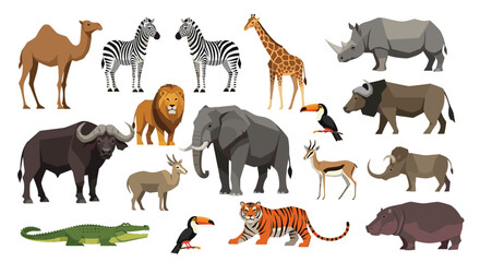 Fototapeta premium Large collection of diverse African safari animals including lion, elephant, zebra, giraffe, rhinoceros, hippopotamus, and birds.
