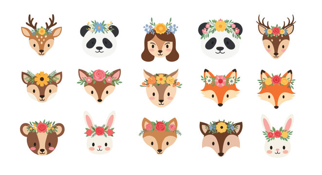 Adorable animal faces including deer, pandas, foxes, and rabbits wearing colorful flower crowns on a clean white background.
