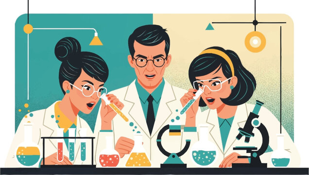 Three people in lab coats working.