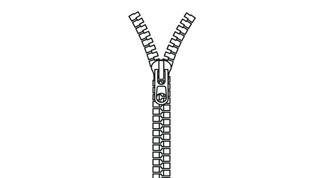 Simple black and white line art illustration of a partially opened metal zipper showing the interlocking teeth and pull tab.
