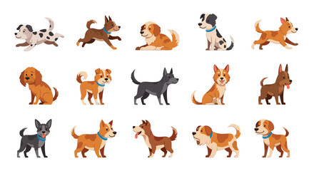 Fototapeta premium Comprehensive set of various dog breeds in different poses like running, sitting, and standing, perfect for pet lovers and veterinarians.