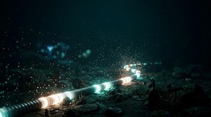 Obraz premium Glowing submarine fiber optic internet cable lying on a dark deep ocean floor with floating particles and bioluminescent light trails.