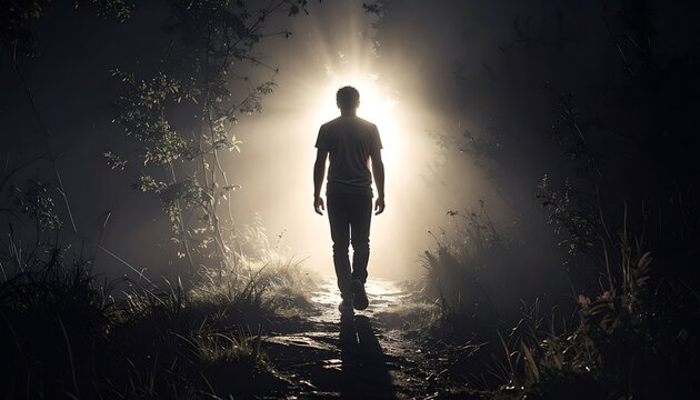 Man walking towards the light darkness.