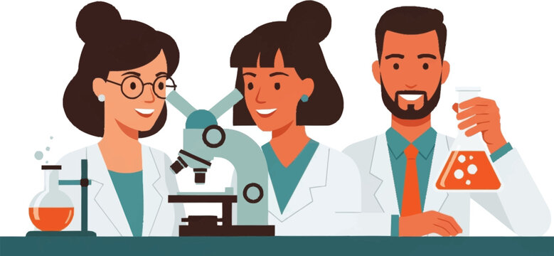 Three scientists in lab coats working.