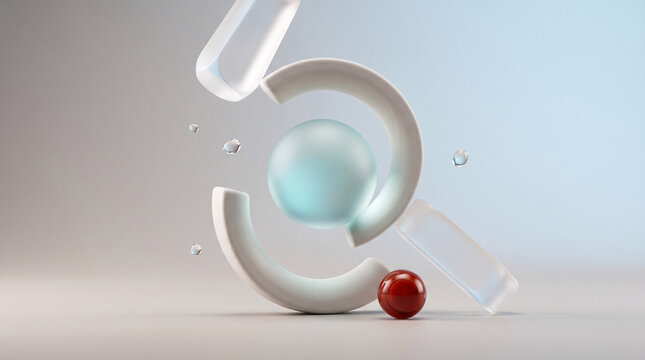 Composition abstraite avec sph&egrave;re flottante et formes g&eacute;om&eacute;triques