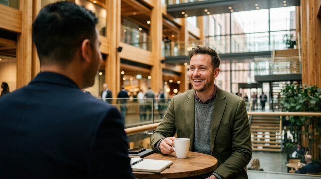 Business man coffee discussion meeting cafe office conversation professional indoor, two men discussing over coffee modern atrium with warm wood interior, friendly smile, notebook, cup