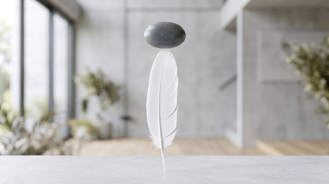 Plume blanche en &eacute;quilibre sous un galet en suspension