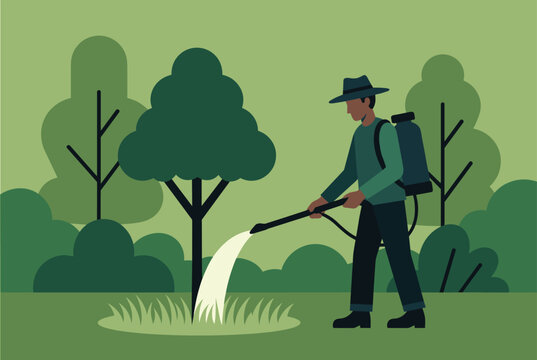 Male worker using a professional backpack sprayer to treat a young tree in a green outdoor park setting during daylight hours.