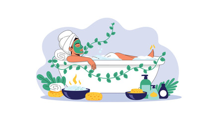 Fototapeta premium Relaxing self-care scene of a woman wearing a green facial mask and enjoying a warm bubble bath surrounded by various spa products.