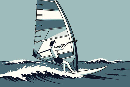 Athletic man windsurfing across powerful ocean waves under a clear sky during a bright and sunny summer day at the beach.