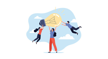 Fototapeta premium Group of people working together to lift and support a giant glowing light bulb, symbolizing teamwork, innovation, and shared creative ideas.