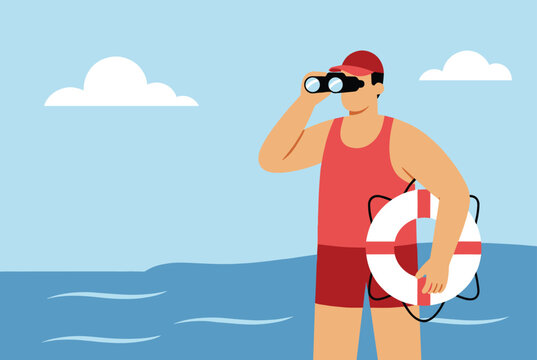 Vigilant lifeguard wearing a red uniform and holding a life buoy while looking through binoculars at the ocean for safety.