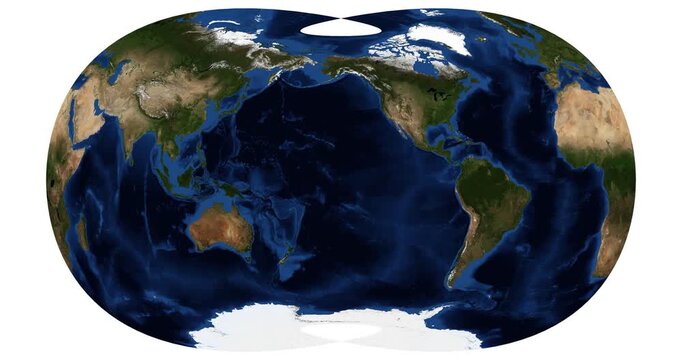 World map animation in Laskowski tri-optimal projection. High-detail physical Earth view. Longitude shift and rotation. June View. Elements of this video furnished by NASA.