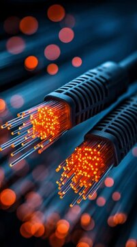 Close-up of fiber optic cables showing data transmission with glowing orange light