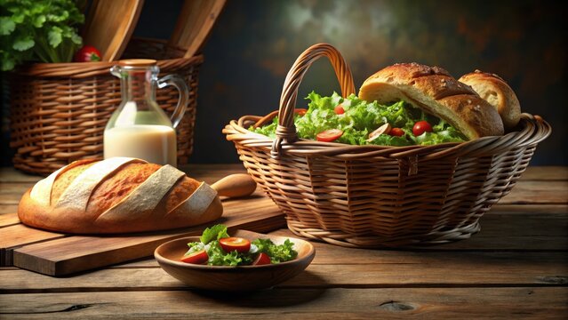 A basket of bread and a bowl of salad sit on a table