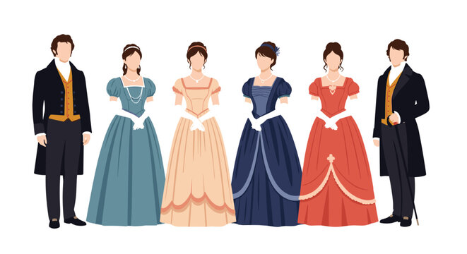 Group of people in Regency-era historical costumes, including men in tailcoats and women in empire-waist gowns for a period drama theme scene.
