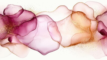 Fototapeta premium Abstract alcohol ink art background with flowing burgundy pink and golden glitter particles elegant luxury design texture