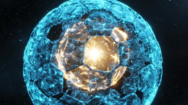 Abstract motion graphics of protective hexagonal energy shields forming around a central pulsing core of light representing safety and security