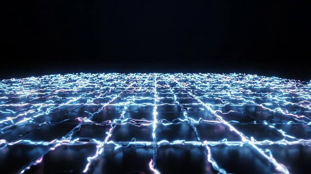Abstract motion graphics showing chaotic glowing neural network connections being aligned into a perfect geometric grid structure