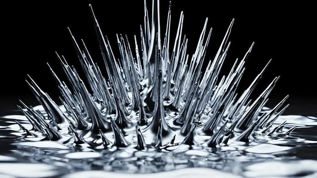 Abstract slow motion movement of liquid metallic substance forming organic shapes and sharp spikes against a clean dark background