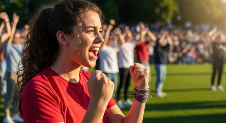 Naklejka premium Young woman celebrating fists clenched in a crowd on a green field outdoors