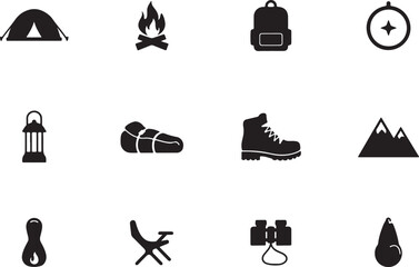 Obraz premium Various essential camping and hiking icons displaying outdoor gear and natural elements