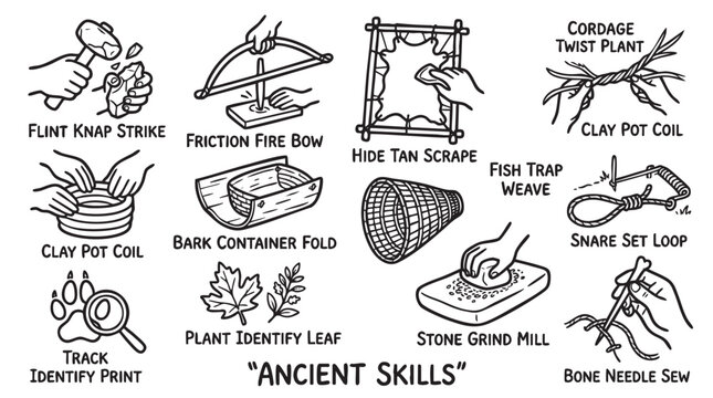 Ancient skills and survival techniques demonstration featuring primitive hunting and crafting methods.