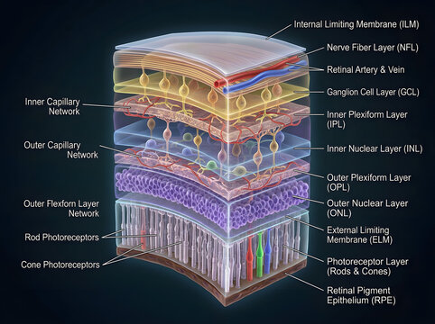 Cross section of human retina layers medical illustration with vision system, body structu