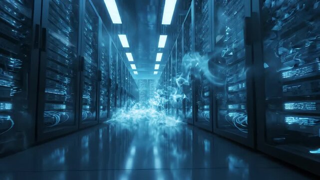 Cinematic camera movement through a futuristic data center with rows of server cabinets emitting pulses of light under a controlled digital mist