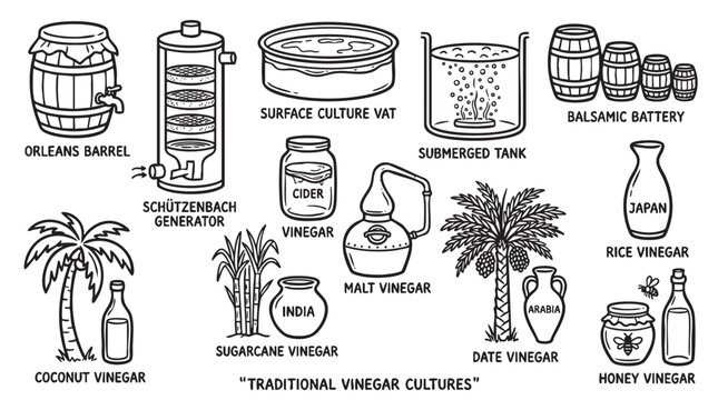 Traditional vinegar cultures and production methods including specialized fermentation equipment and various regional types.