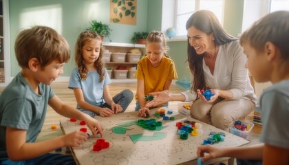 Obraz premium Children's educational recycling activity using colorful plastic bottle caps. Suitable for environmental awareness campaigns or recyclingthemed designs.