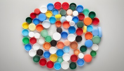Fototapeta premium Circular arrangement of colorful bottle caps representing recycling and circular economy. Suitable for environmental awareness campaigns or recyclingthemed designs.