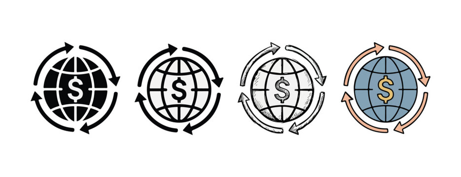 Global finance icons featuring dollar signs within globes surrounded by circular arrows representing international money flow and economic transactions across various styles