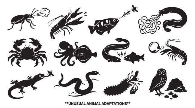 Unusual animal adaptations set featuring unique defense mechanisms and hunting behaviors of diverse wildlife species.