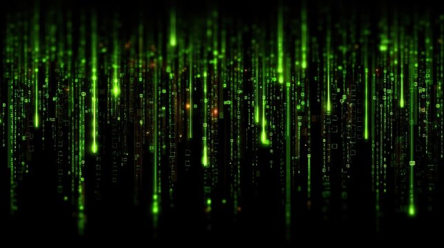 Abstract digital background featuring glowing green falling binary code data streams