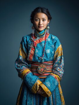 Tibetan woman in traditional chuba robe posing against blue gradient background