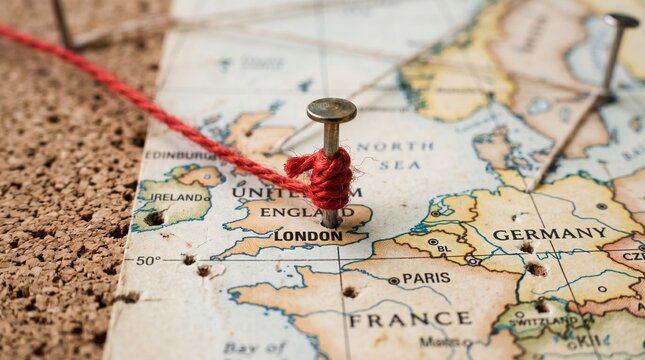 Pin marking London on a vintage map with red string connection