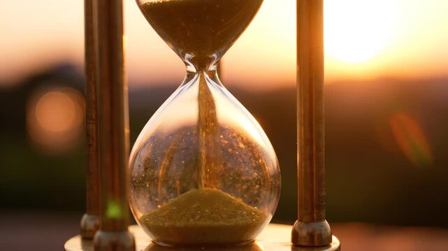 Close up shot of an elegant hourglass with golden sand flowing steadily through the glass during a warm golden hour sunset