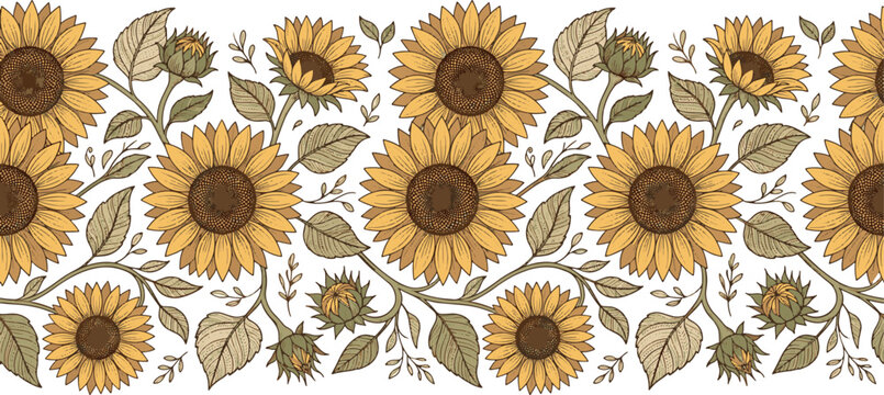 Seamless floral border pattern with detailed hand-drawn sunflowers and leaves sunflower seamless botanical ornamental decoration illustration backdrop agriculture textured composition