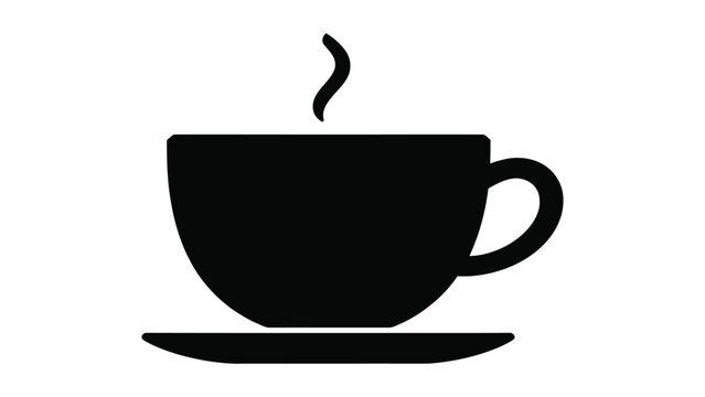 Coffee cup on a saucer emits steam in a simple black silhouette graphic representation.