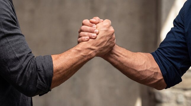 Strong handshake between muscular arms symbol of teamwork and trust