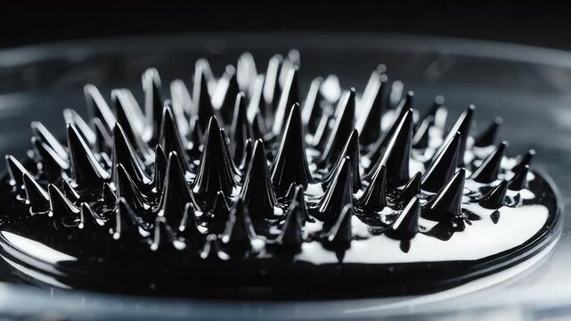 Macro slow motion shot of dark ferrofluid liquid forming sharp geometric spikes and moving dynamically in a magnetic field