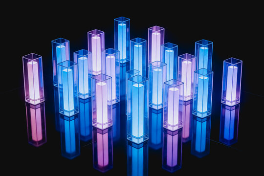 A collection of glowing blue and purple rectangular prisms arranged in a cluster on a dark reflective surface, creating sharp mirrored reflections.