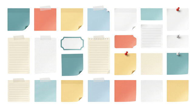 Colorful sticky notes and paper scraps collection, pastel adhesive memo pads with tape and push pins, blank stationery set for office reminders isolated PNG with Transparent Background