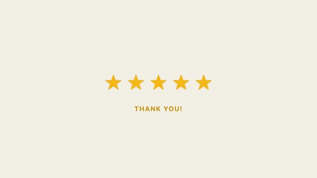 Animated five star rating review interface with gold fill sweep and hand cursor tap on warm cream editorial card for app overlay 4K motion graphic